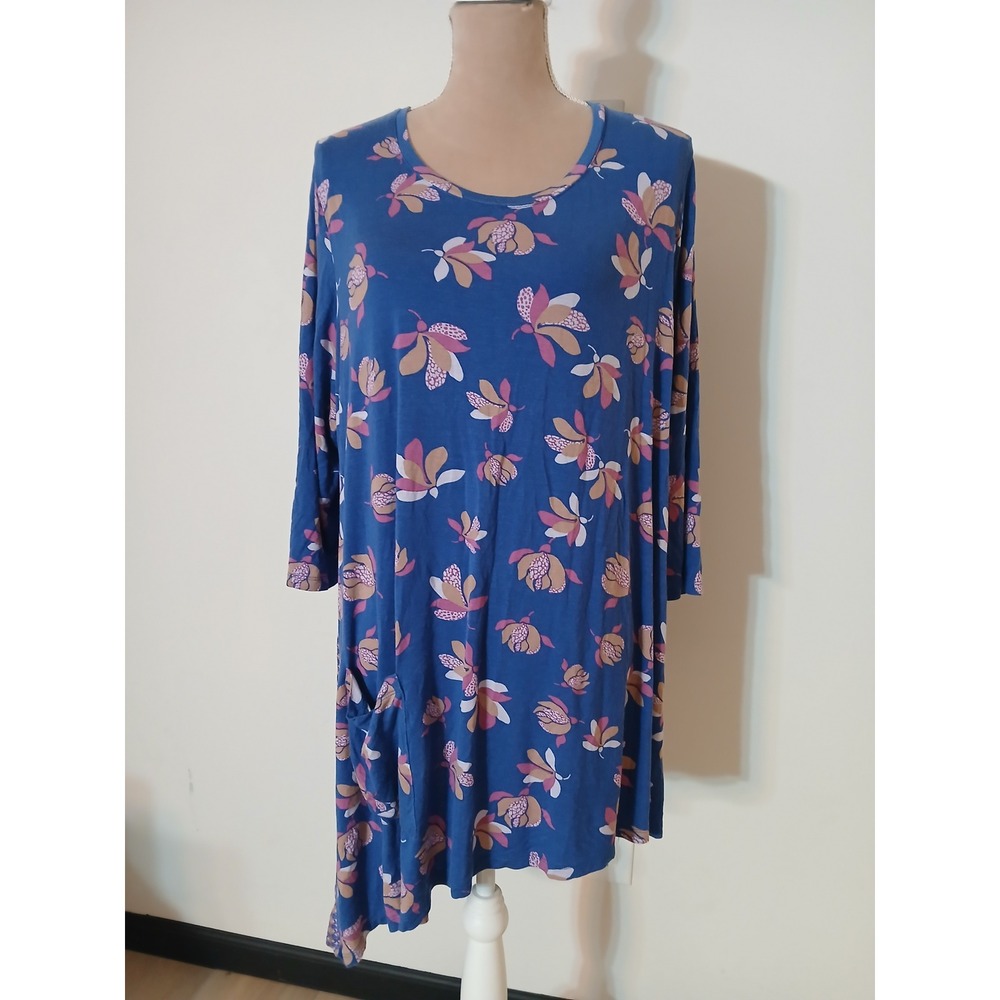 LOGO Lori Goldstein Blue Floral Geometric Mixed Print Tunic Top 2X Side Pocket
